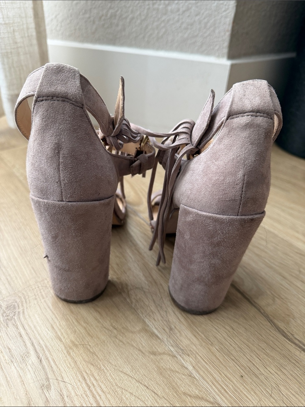Vince Camuto Taupe Suede Block Heel Sandals with Fringe Ties - Picture 4 of 5